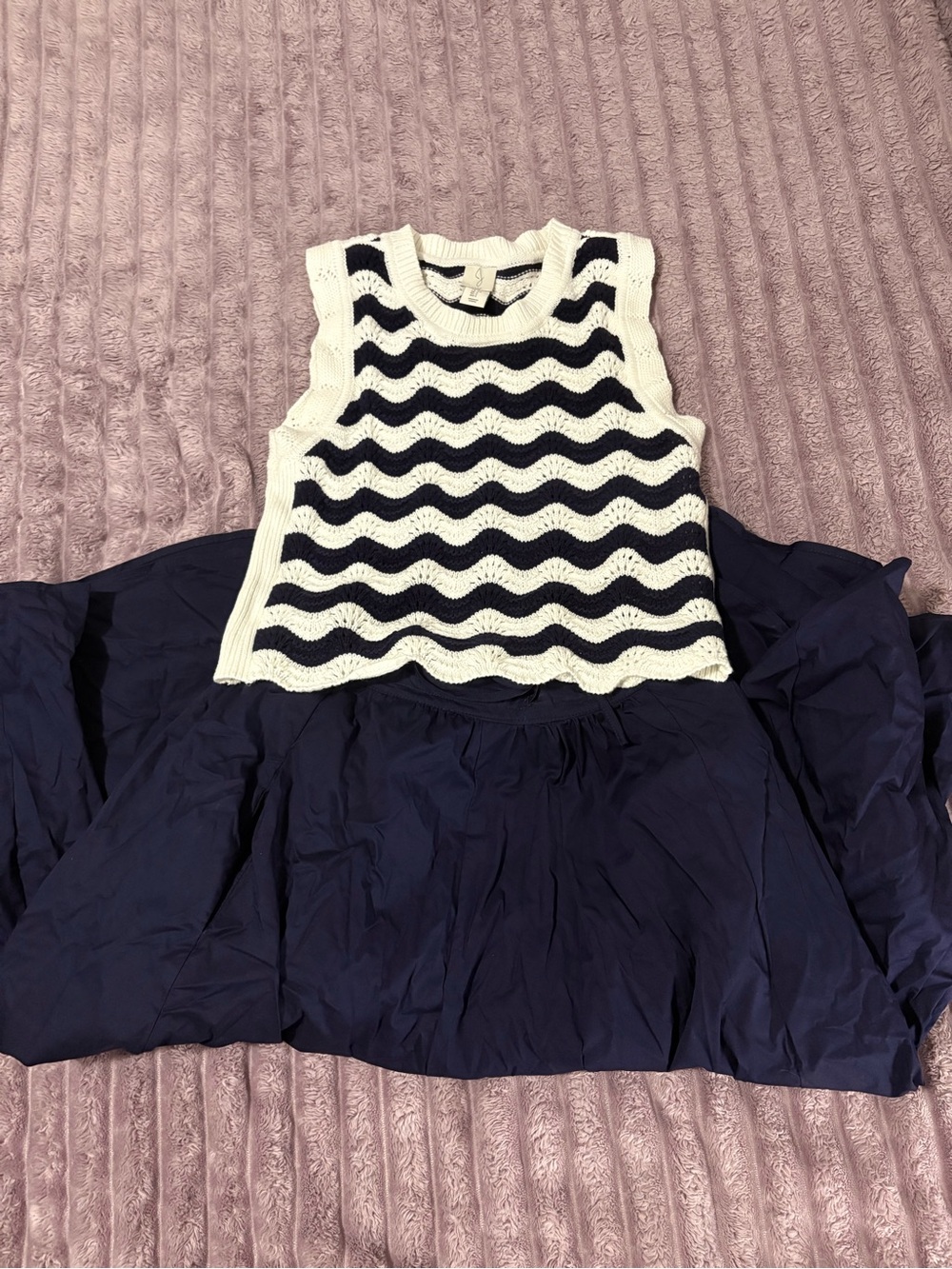 Joie Navy and White Wavy Knit Tank Top with Matching Navy Skirt